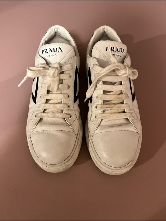 Prada Shoes - Prada Milano Women’s White Leather Sneakers with Black Accent